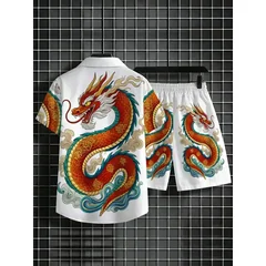 Summer Men's 2 Piece Dragon Pattern Shirt Shorts Set White Breathable Casual Wear For Beach Holiday Outdoor Sports Daily Fashion