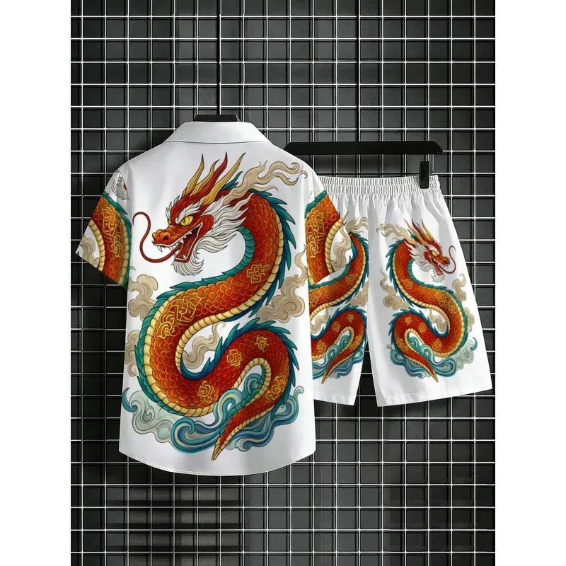 Summer Men's 2 Piece Dragon Pattern Shirt Shorts Set White Breathable Casual Wear For Beach Holiday Outdoor Sports Daily Fashion