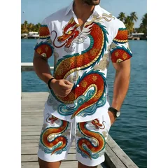 Summer Men's 2 Piece Dragon Pattern Shirt Shorts Set White Breathable Casual Wear For Beach Holiday Outdoor Sports Daily Fashion