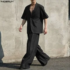 INCERUN Men Sets Solid V Neck Short Sleeve Blazer & Pants 2 Piece Sets Streetwear Men Clothing 2026 Loose Fashion Men Suits