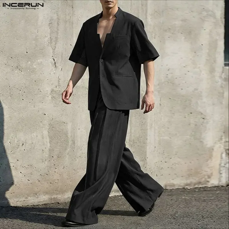 INCERUN Men Sets Solid V Neck Short Sleeve Blazer & Pants 2 Piece Sets Streetwear Men Clothing 2026 Loose Fashion Men Suits