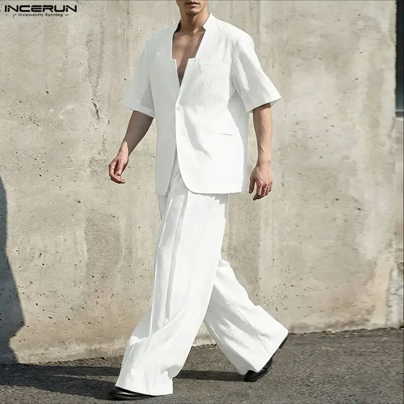 INCERUN Men Sets Solid V Neck Short Sleeve Blazer & Pants 2 Piece Sets Streetwear Men Clothing 2026 Loose Fashion Men Suits