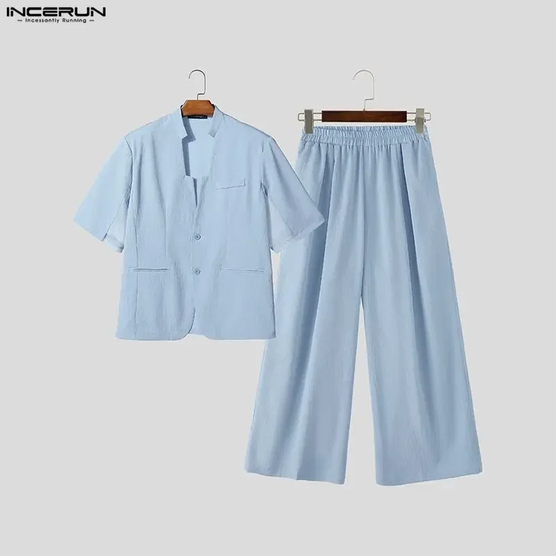 INCERUN Men Sets Solid V Neck Short Sleeve Blazer & Pants 2 Piece Sets Streetwear Men Clothing 2026 Loose Fashion Men Suits
