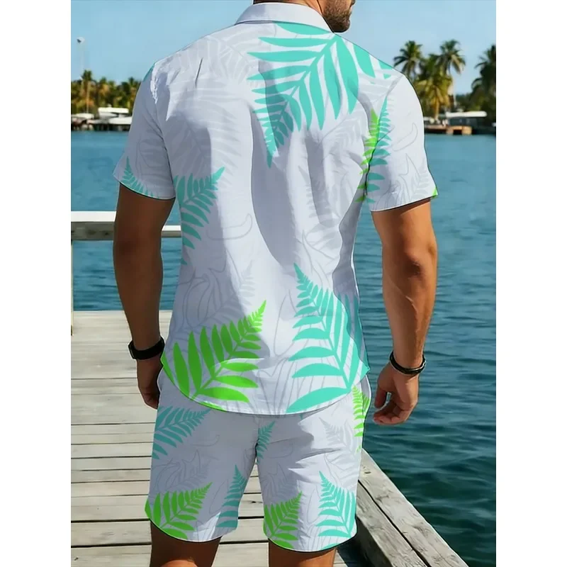 Men's Lightweight Breathable Polyester Leaf Print Shirt Short Set Summer Beach Pool Party White Green