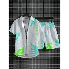 Men's Lightweight Breathable Polyester Leaf Print Shirt Short Set Summer Beach Pool Party White Green