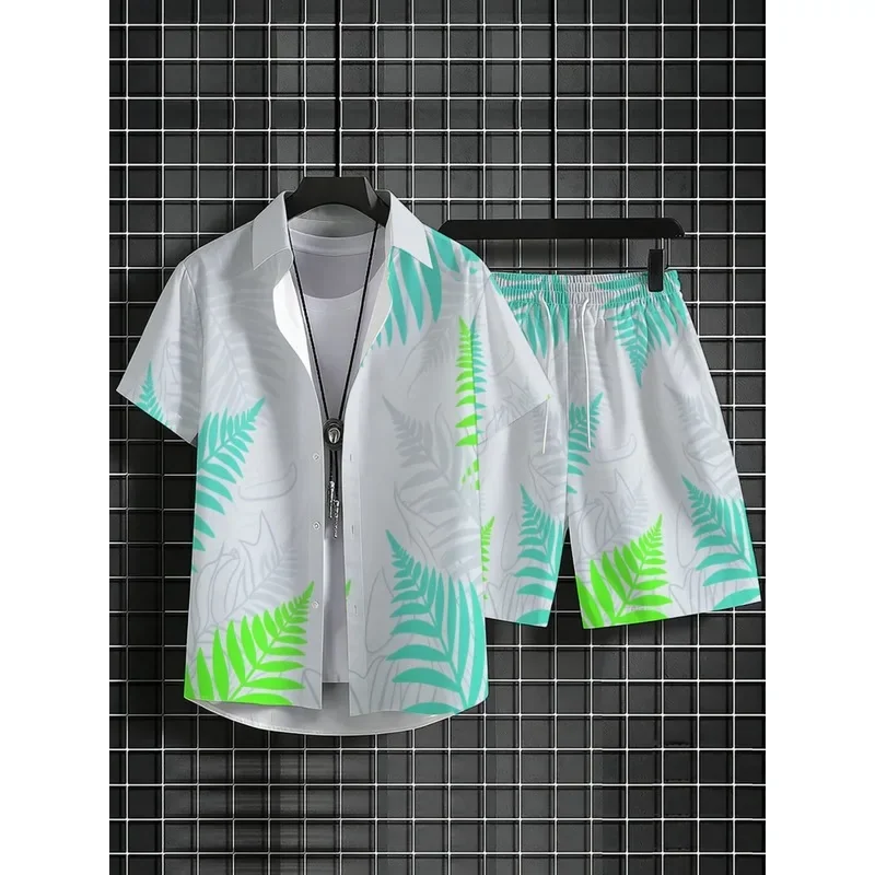 Men's Lightweight Breathable Polyester Leaf Print Shirt Short Set Summer Beach Pool Party White Green