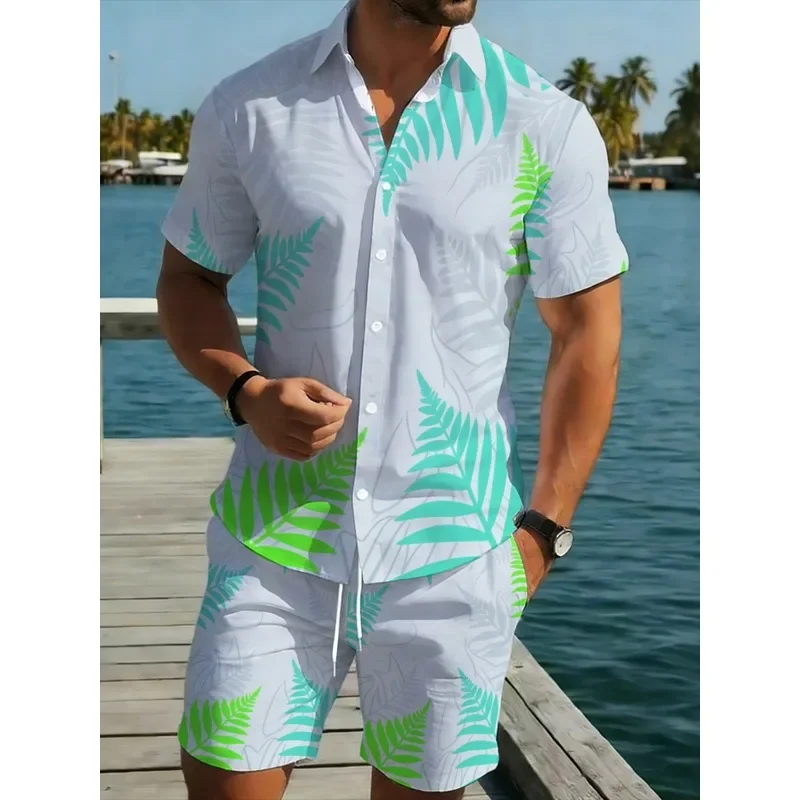 Men's Lightweight Breathable Polyester Leaf Print Shirt Short Set Summer Beach Pool Party White Green