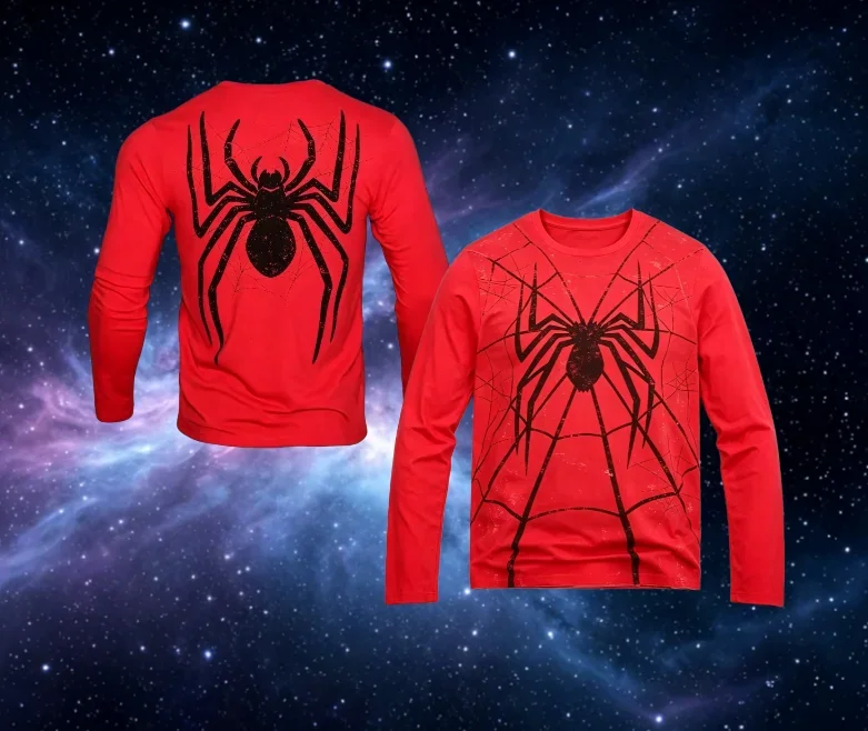 Retro 3D printed spider print long sleeved T-shirt with red round neck casual street fashion daily long sleeved top