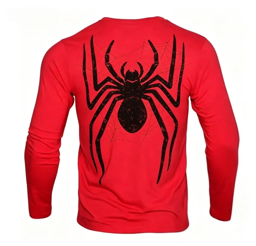Retro 3D printed spider print long sleeved T-shirt with red round neck casual street fashion daily long sleeved top