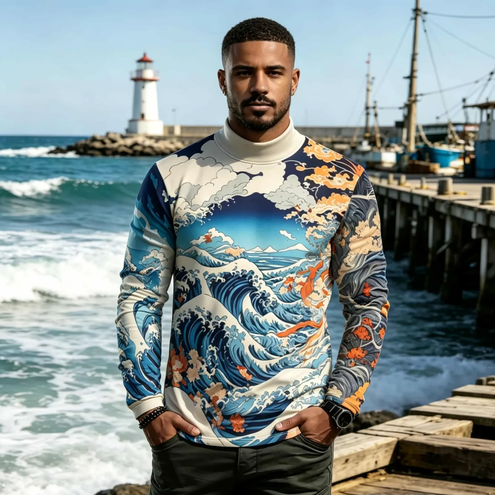 Japanese Ukiyo-e Wave Graphic Long Sleeve T Shirt for Men Vintage Ocean Cloud Art Print Mock Neck Casual Tops