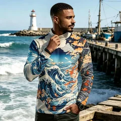 Japanese Ukiyo-e Wave Graphic Long Sleeve T Shirt for Men Vintage Ocean Cloud Art Print Mock Neck Casual Tops