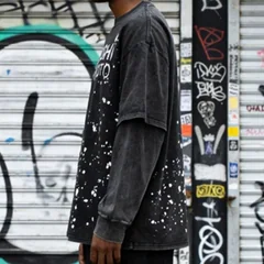 Handmade Ink Splashing Fading Letter Vintage Black SATOSHI Tshirts Hiphop Street Fake Two Piece Long Sleeve Men Women Shorts