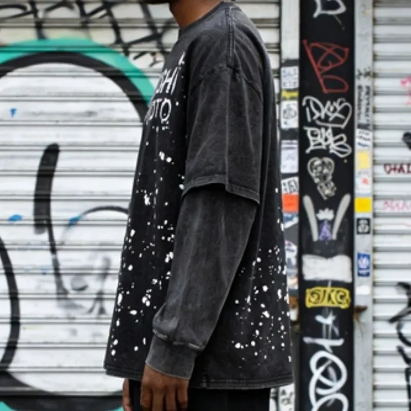 Handmade Ink Splashing Fading Letter Vintage Black SATOSHI Tshirts Hiphop Street Fake Two Piece Long Sleeve Men Women Shorts