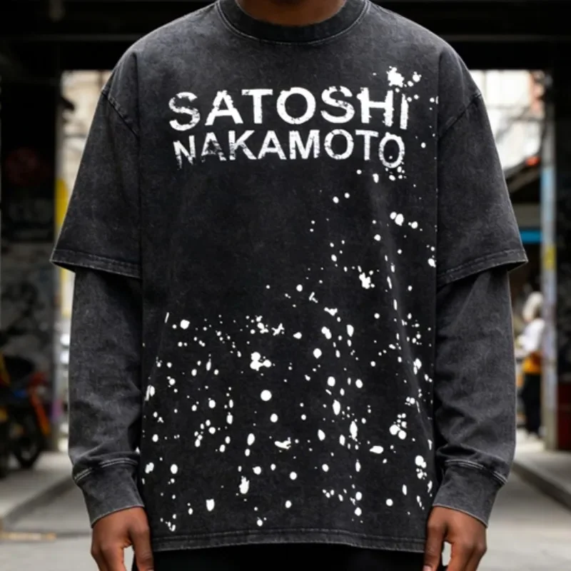 Handmade Ink Splashing Fading Letter Vintage Black SATOSHI Tshirts Hiphop Street Fake Two Piece Long Sleeve Men Women Shorts