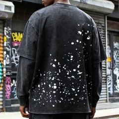 Handmade Ink Splashing Fading Letter Vintage Black SATOSHI Tshirts Hiphop Street Fake Two Piece Long Sleeve Men Women Shorts