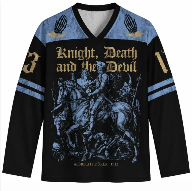 Knight Death and the Devil Ice Hockey Jersey Memento Mori Gothic Medieval Long Sleeve V-neck Shirt Dark Renaissance Art Fan Top