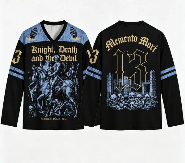 Knight Death and the Devil Ice Hockey Jersey Memento Mori Gothic Medieval Long Sleeve V-neck Shirt Dark Renaissance Art Fan Top