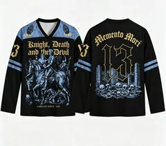 Knight Death and the Devil Ice Hockey Jersey Memento Mori Gothic Medieval Long Sleeve V-neck Shirt Dark Renaissance Art Fan Top