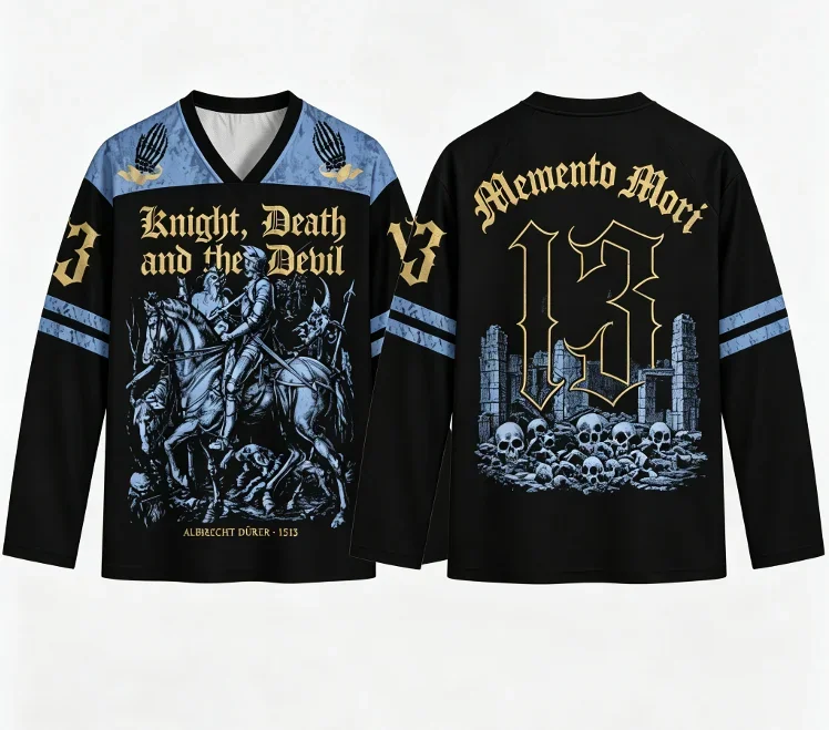 Knight Death and the Devil Ice Hockey Jersey Memento Mori Gothic Medieval Long Sleeve V-neck Shirt Dark Renaissance Art Fan Top