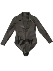 S-4XL Double Sided PU Leather Long Sleeve Shirt Top Wet Look PVC Zipper Crotch Bodysuit Tights Leotard Stage Performance Teddies