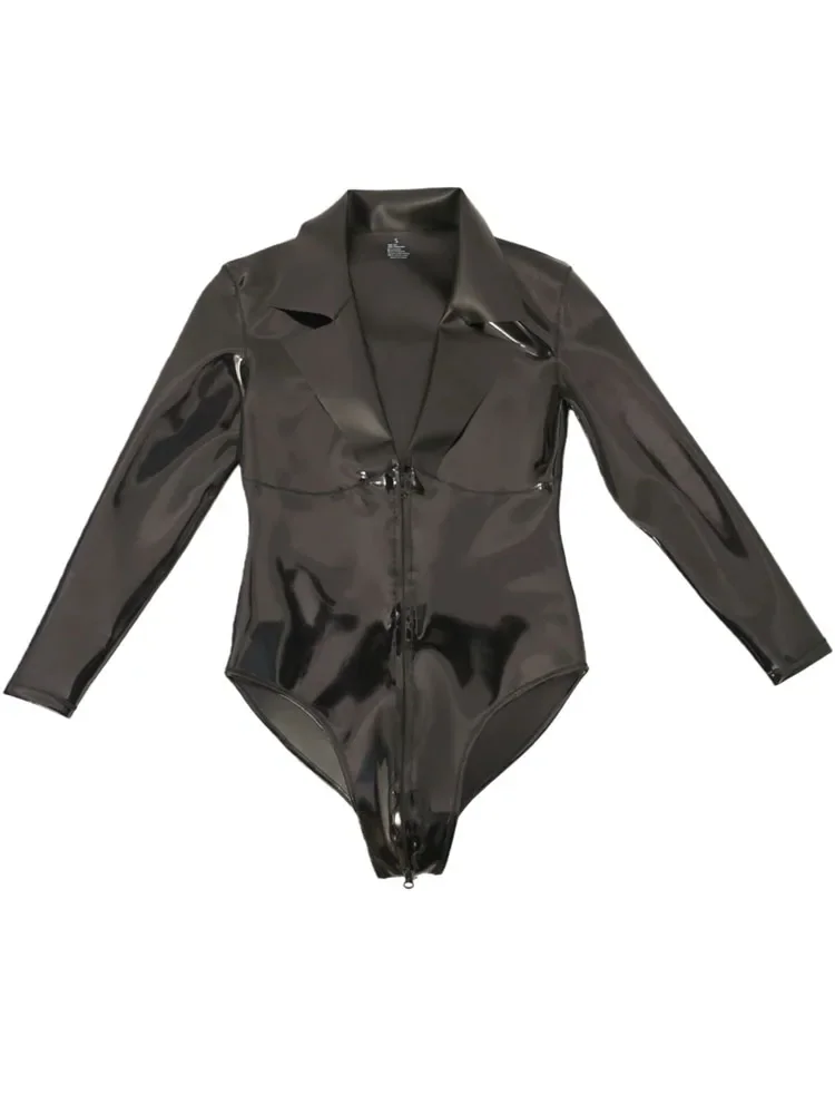 S-4XL Double Sided PU Leather Long Sleeve Shirt Top Wet Look PVC Zipper Crotch Bodysuit Tights Leotard Stage Performance Teddies