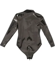 S-4XL Double Sided PU Leather Long Sleeve Shirt Top Wet Look PVC Zipper Crotch Bodysuit Tights Leotard Stage Performance Teddies