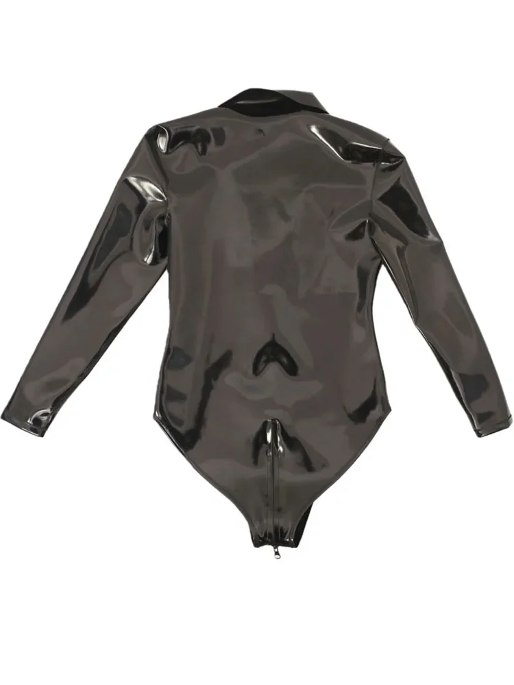 S-4XL Double Sided PU Leather Long Sleeve Shirt Top Wet Look PVC Zipper Crotch Bodysuit Tights Leotard Stage Performance Teddies