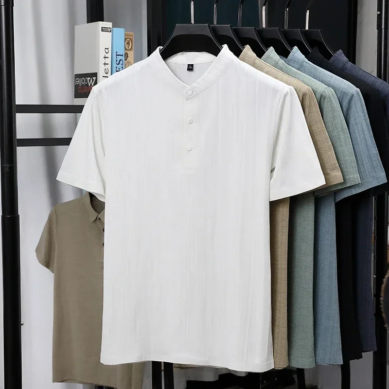 Mens Mandarin Collar Half Placket Linen Textured Short Sleeve Shirts Casual Tops Wrinkle Resistant Breathable Summer Wear