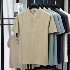 Mens Mandarin Collar Half Placket Linen Textured Short Sleeve Shirts Casual Tops Wrinkle Resistant Breathable Summer Wear