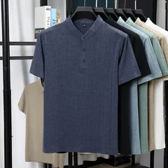 Mens Mandarin Collar Half Placket Linen Textured Short Sleeve Shirts Casual Tops Wrinkle Resistant Breathable Summer Wear