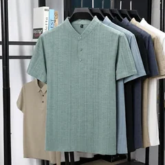 Mens Mandarin Collar Half Placket Linen Textured Short Sleeve Shirts Casual Tops Wrinkle Resistant Breathable Summer Wear