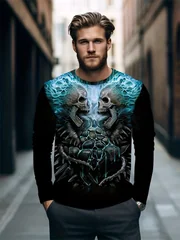 Men's 3D Skull Long Sleeve T-Shirt Crack Graphic Tee Gothic Dark Vintage Streetwear Casual Pullover Tops Gift New Fashion