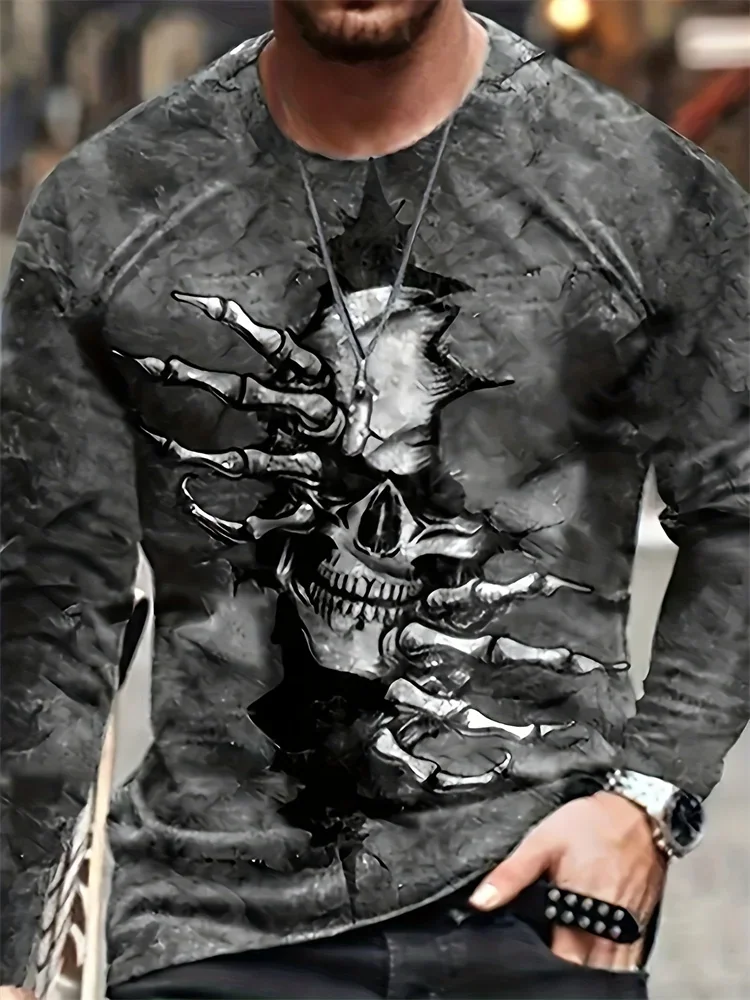 Men's 3D Skull Long Sleeve T-Shirt Crack Graphic Tee Gothic Dark Vintage Streetwear Casual Pullover Tops Gift New Fashion