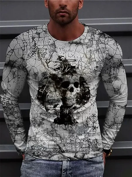 Men's 3D Skull Long Sleeve T-Shirt Crack Graphic Tee Gothic Dark Vintage Streetwear Casual Pullover Tops Gift New Fashion