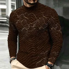 Men's Mock Neck Long Sleeve T Shirt Brown All Over Mountain Line Print Pullover Minimalist Casual Premium Top