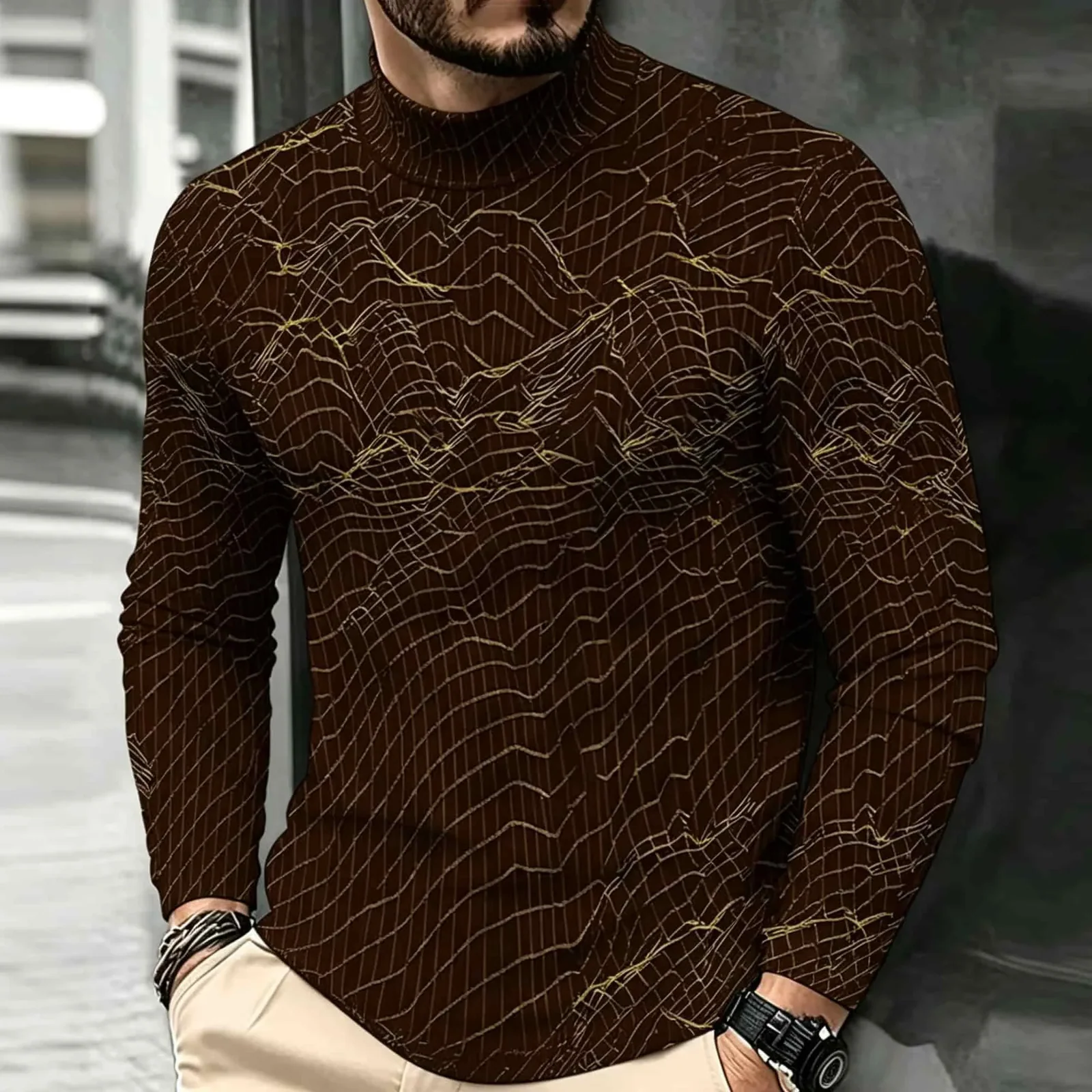 Men's Mock Neck Long Sleeve T Shirt Brown All Over Mountain Line Print Pullover Minimalist Casual Premium Top