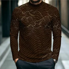 Men's Mock Neck Long Sleeve T Shirt Brown All Over Mountain Line Print Pullover Minimalist Casual Premium Top