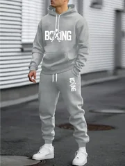 2026 boxing letter printed sportswear set men's hooded sweatshirt long pants set spring and autumn winter warm suit