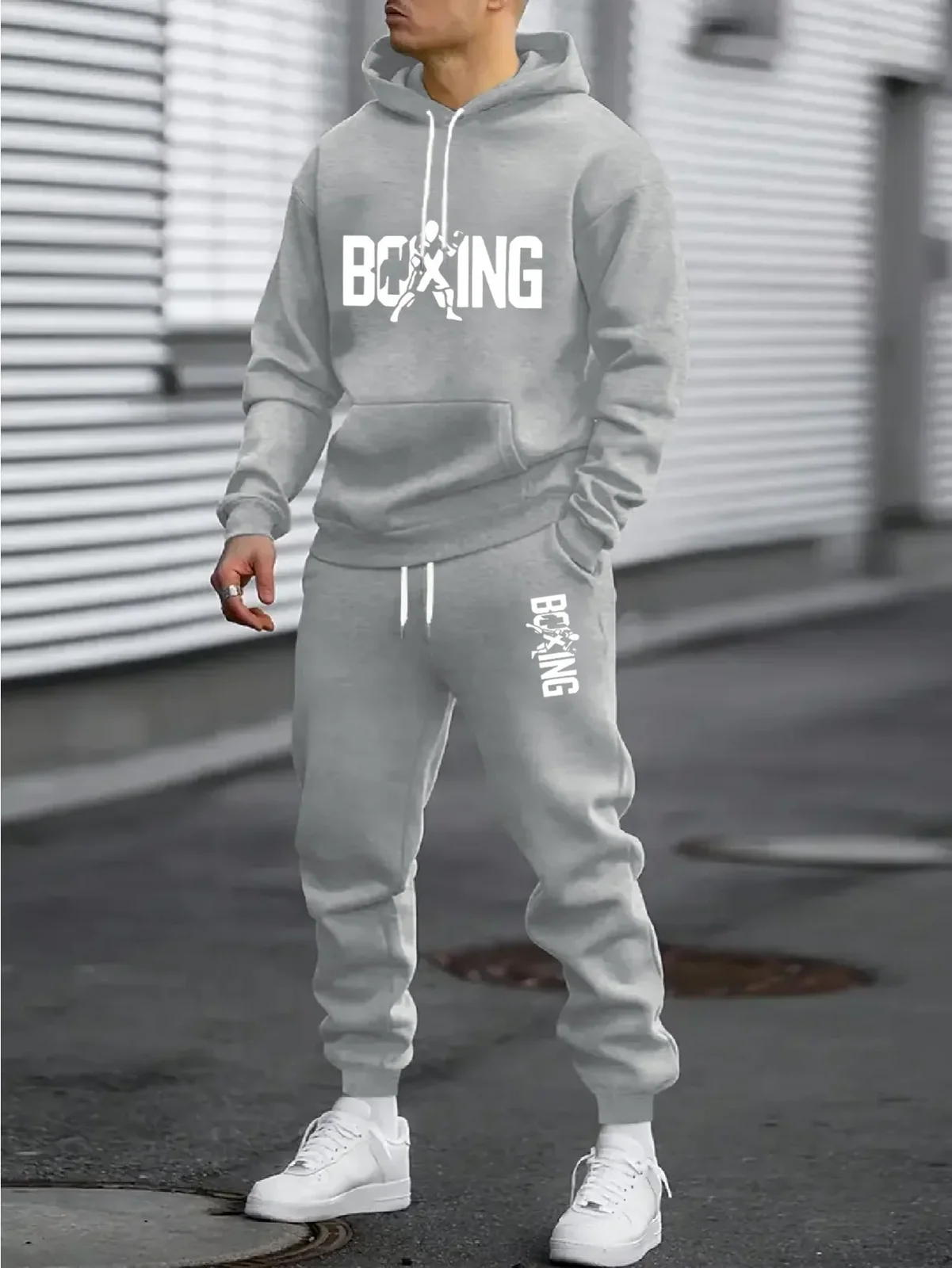 2026 boxing letter printed sportswear set men's hooded sweatshirt long pants set spring and autumn winter warm suit