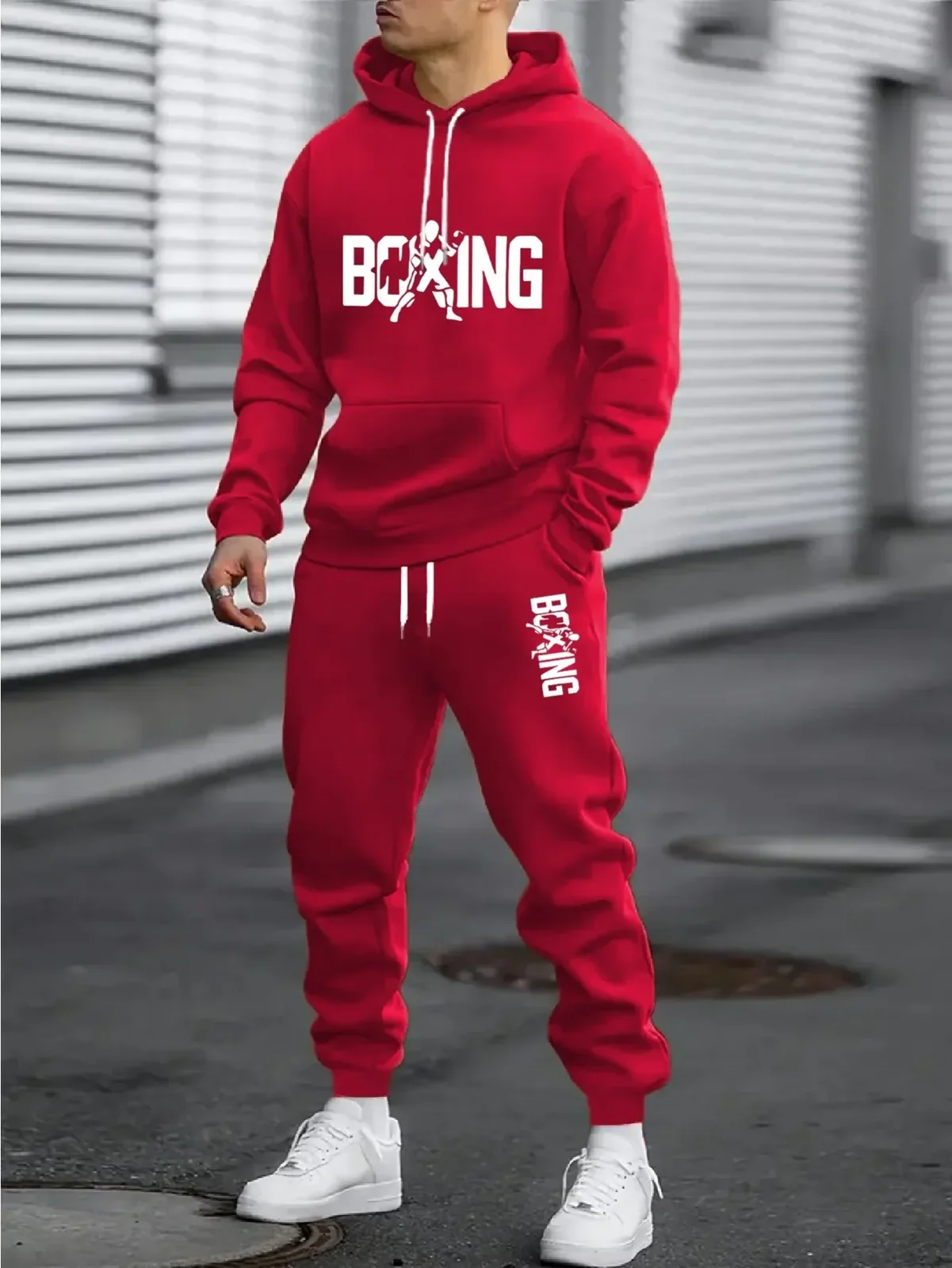 2026 boxing letter printed sportswear set men's hooded sweatshirt long pants set spring and autumn winter warm suit