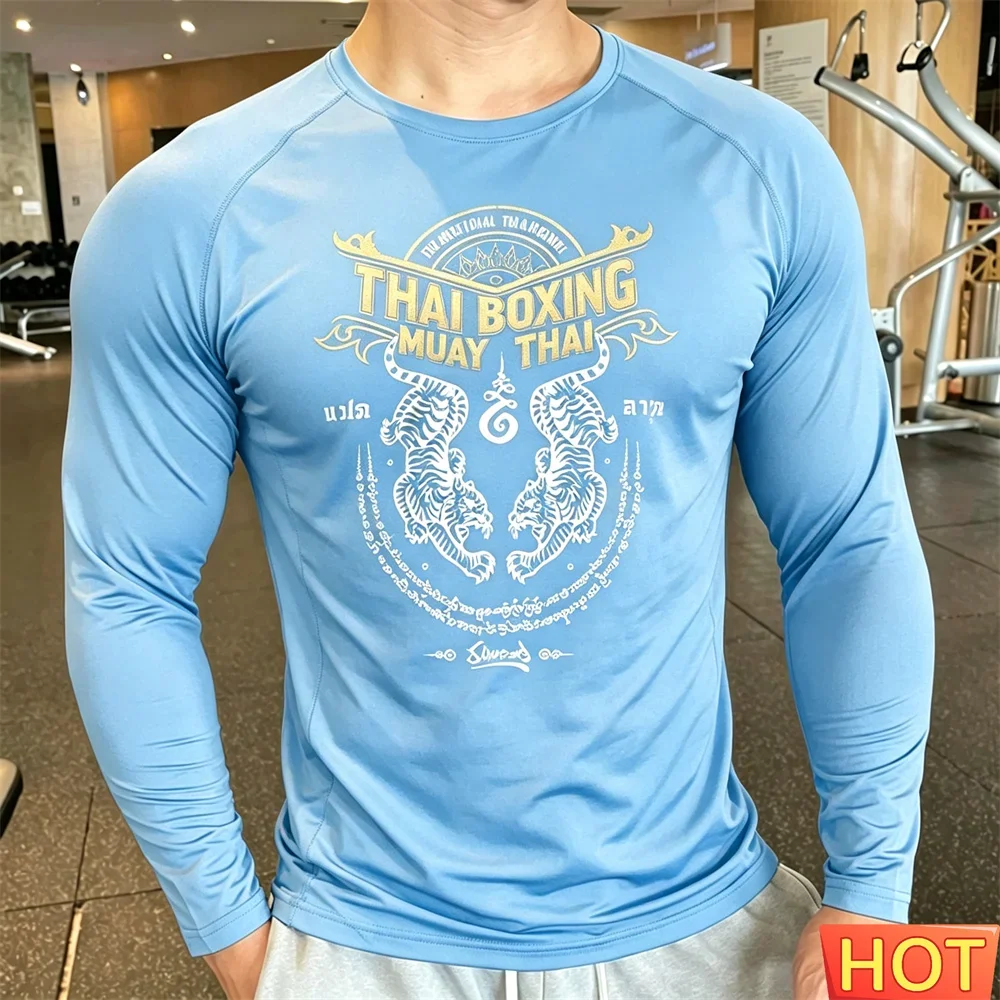 Muay Thai Men's long sleeved T-shirt Breathable Men Women Outdoor Fitness Muay Thai Autumn Elastic Training men's t-shirts tops