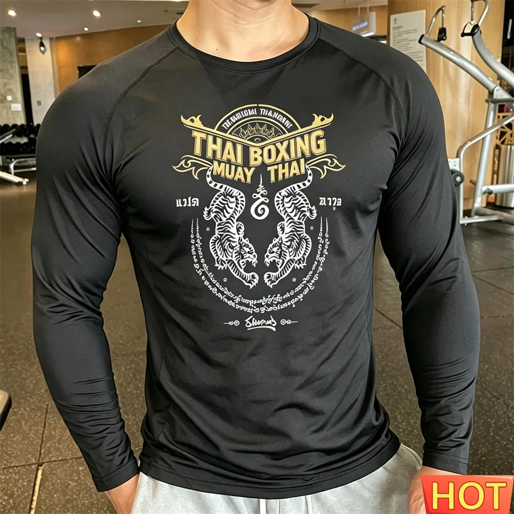 Muay Thai Men's long sleeved T-shirt Breathable Men Women Outdoor Fitness Muay Thai Autumn Elastic Training men's t-shirts tops
