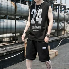 Trendy Student Summer Men's Sleeveless Vest Five Inch Shorts Loose Casual Big Size Two Piece Set