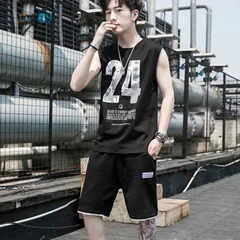 Trendy Student Summer Men's Sleeveless Vest Five Inch Shorts Loose Casual Big Size Two Piece Set