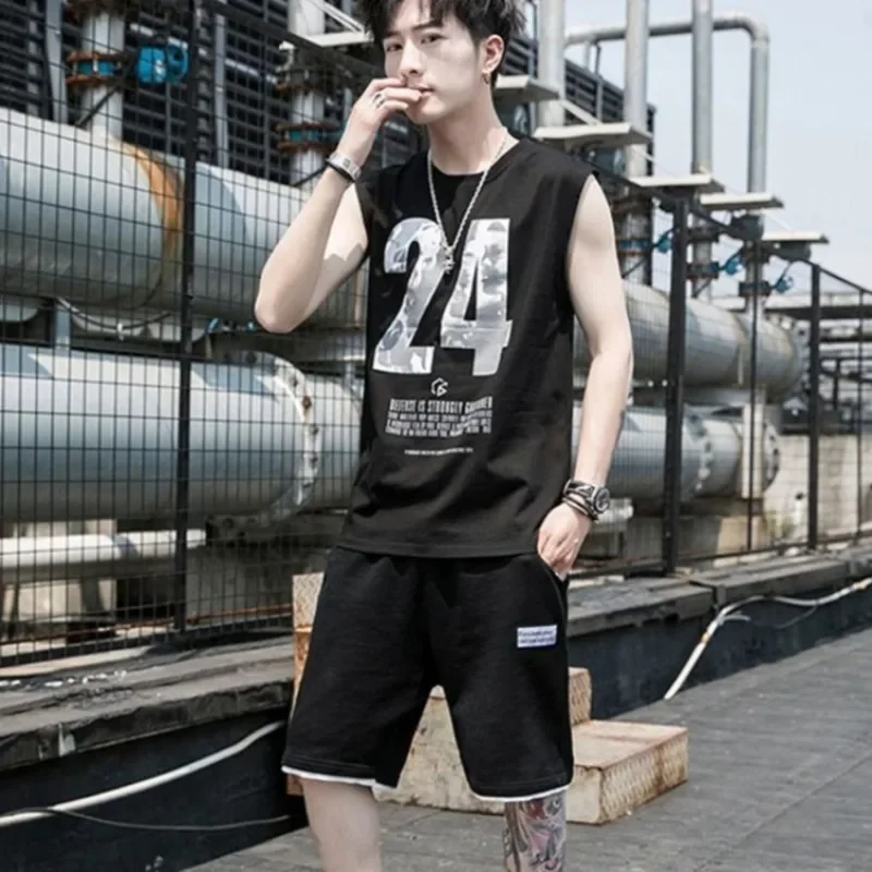 Trendy Student Summer Men's Sleeveless Vest Five Inch Shorts Loose Casual Big Size Two Piece Set