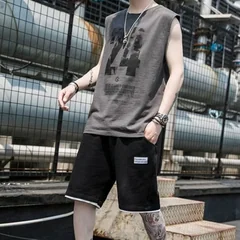 Trendy Student Summer Men's Sleeveless Vest Five Inch Shorts Loose Casual Big Size Two Piece Set