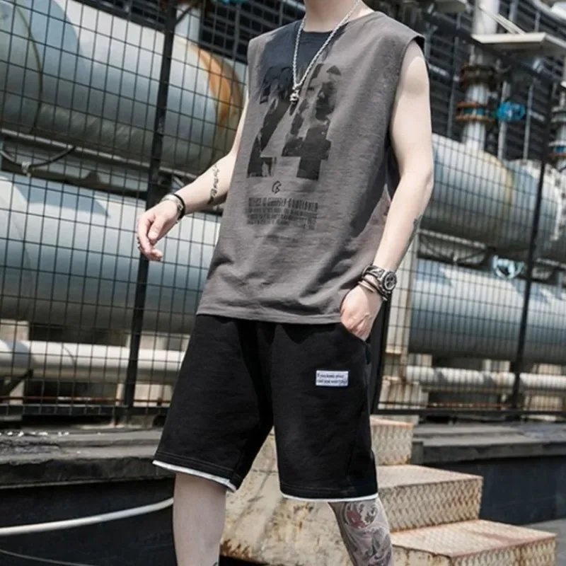 Trendy Student Summer Men's Sleeveless Vest Five Inch Shorts Loose Casual Big Size Two Piece Set