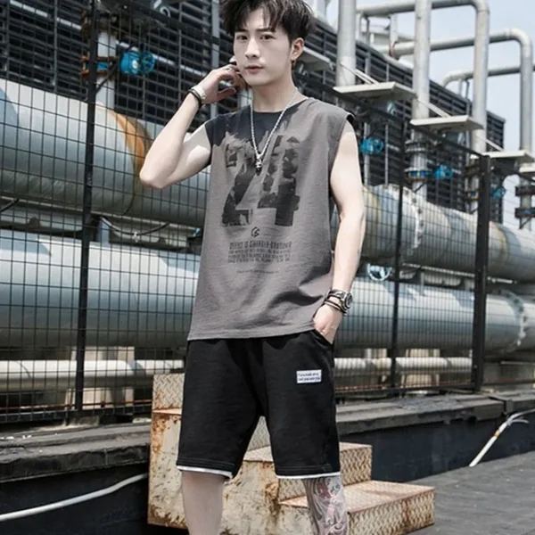 Trendy Student Summer Men's Sleeveless Vest Five Inch Shorts Loose Casual Big Size Two Piece Set