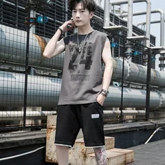 Trendy Student Summer Men's Sleeveless Vest Five Inch Shorts Loose Casual Big Size Two Piece Set