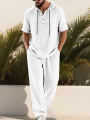 Men's Cotton Linen 2-Piece Set Hooded Short-Sleeve Henley Shirt with Drawstring Long Pants, Breathable Casual Beach Summer Outfi
